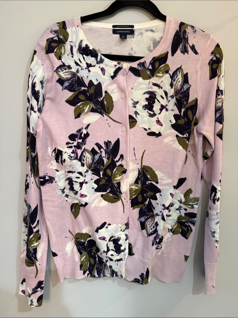 Lands' End Pink Olive Navy Cotton Floral Button Cardigan Sweater S